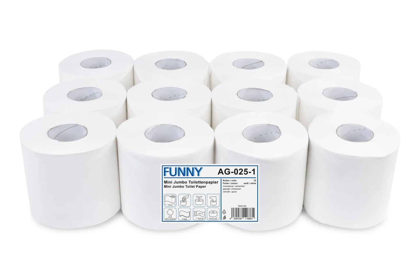 Funny Jumbo-Toilettenpapier MINI, 2-lagig, Ø 15,2 cm, Zellstoff, 12 Rollen, - Centerfeed -