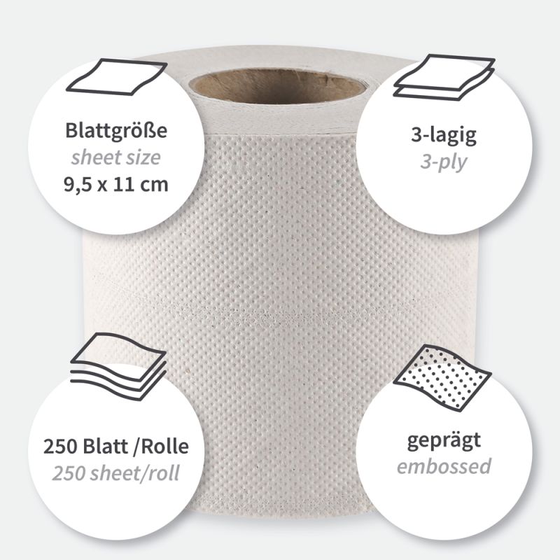 Toilettenpapier, Kleinrolle, 3-lagig | Recyclingpapier 250Blatt RC Öko 64 Rol.