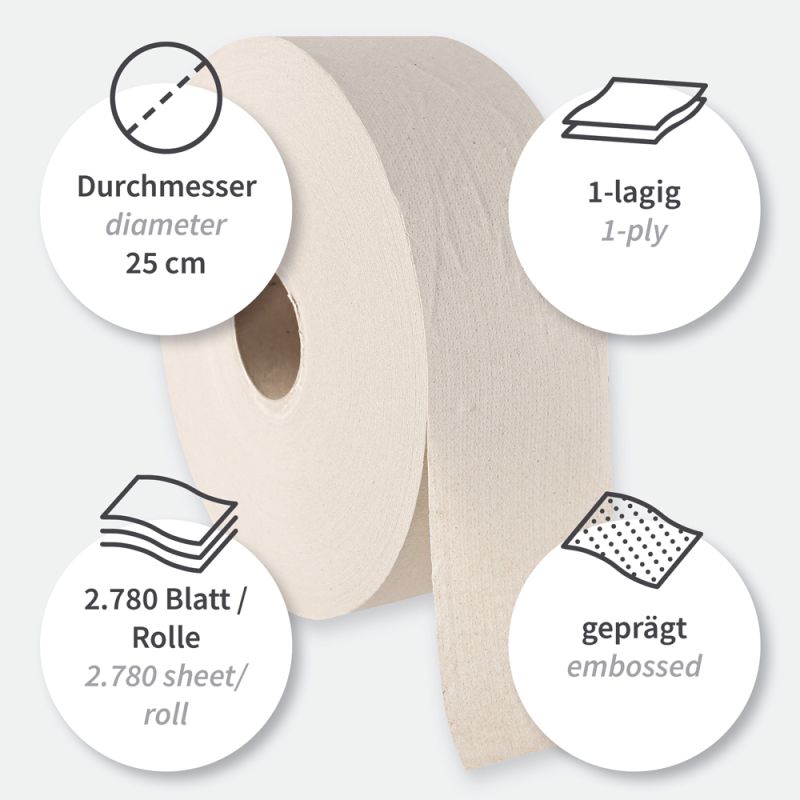 Toilettenpapier, Jumbo, 1-lagig | Recyclingpapier 500m 2780 Blatt