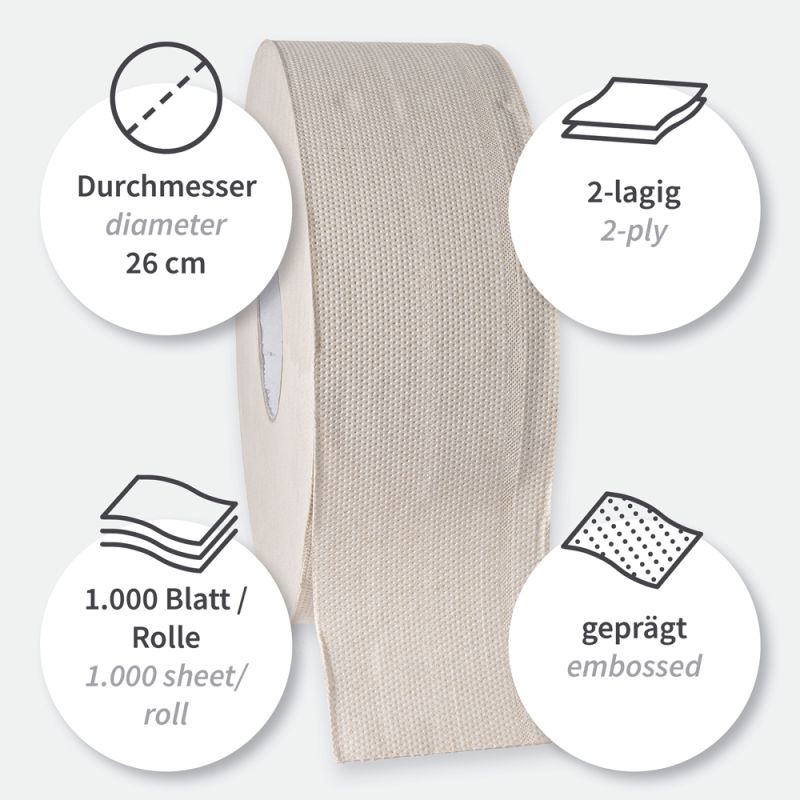 6 Rollen Bio Toilettenpapier, Jumbo 2-lagig | Recyclingpapier, FSC®-Recycled 250m