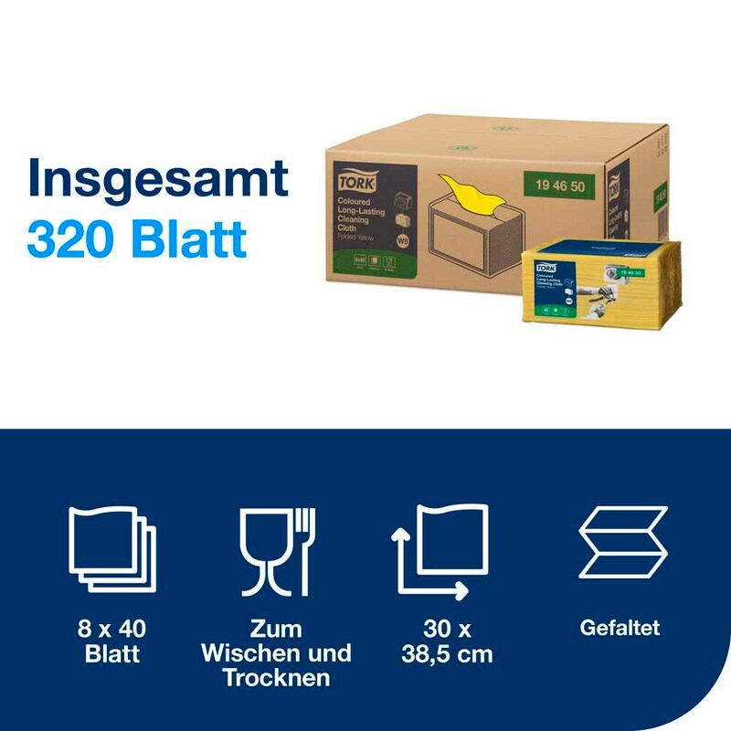 Tork Premium W8 Vliestücher Gelb 194650 – 1-lagig, 30 × 38,5 cm | 8 × 40 Stück (320 Tücher)