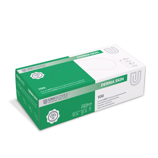 UNIGLOVES DERMA SKIN® Einmalhandschuh Latex XS-XL Puderfrei Transparent Handschuhe 100Stk.