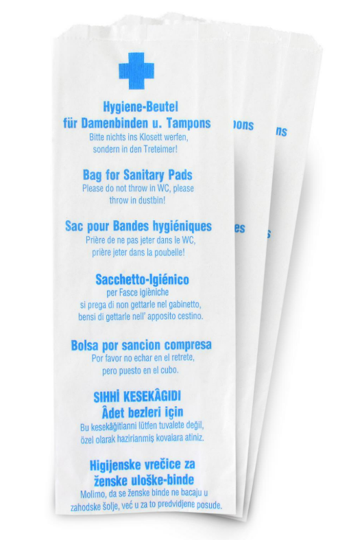 Hygienebeutel Papier 7-sprachig weiß 11+4,5x28cm