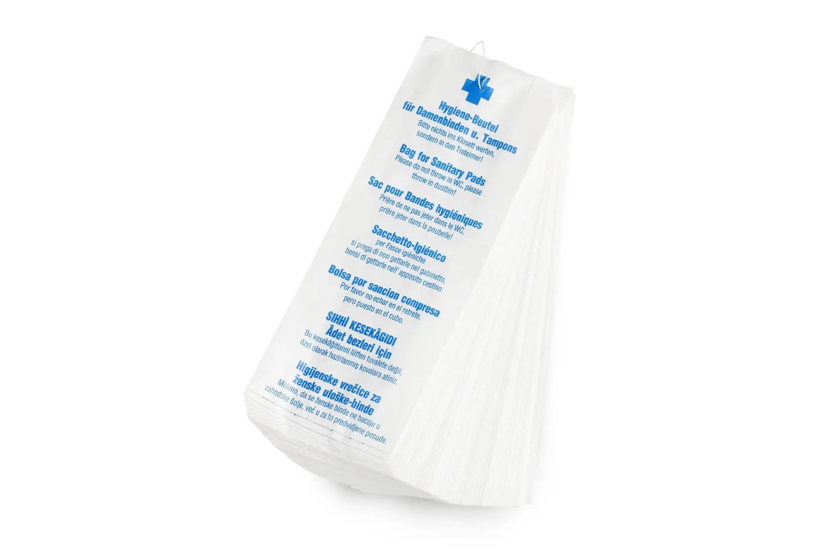 Hygienebeutel Papier 7-sprachig weiß 11+4,5x28cm