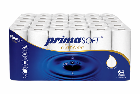 Toilettenpapier 3-lagig hoch weiss 250 Blatt 8x8 Rollen Zellstoff Pirma Soft Exclusive 64 Rollen