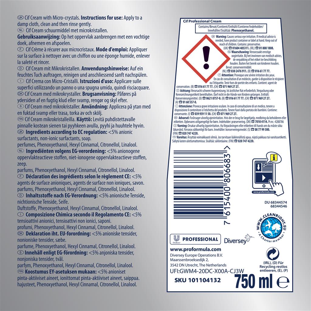 Cif Professional Cream 0.75L - Crémereiniger, reinigt kraftvoll ohne zu kratzen